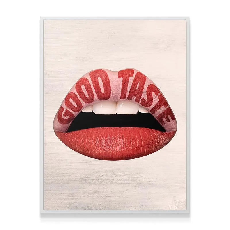 Lifestyle shot of the Good Taste Lips hanging in a minimalist dining room setting.