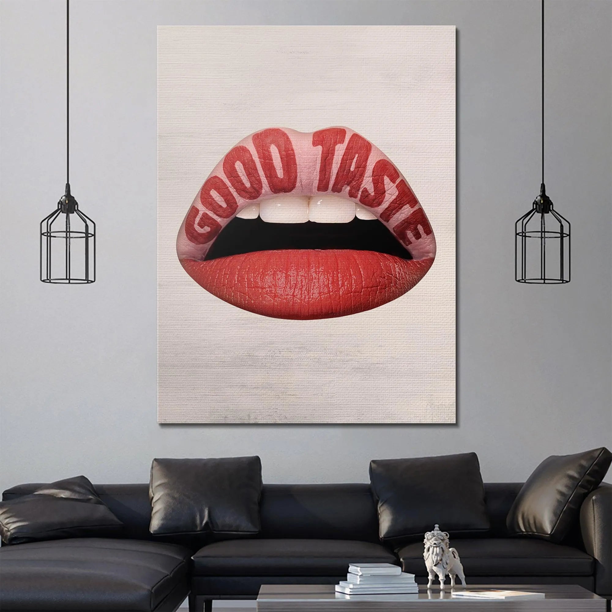 Angled perspective of the Good Taste Lips highlighting the depth and texture of the canvas.