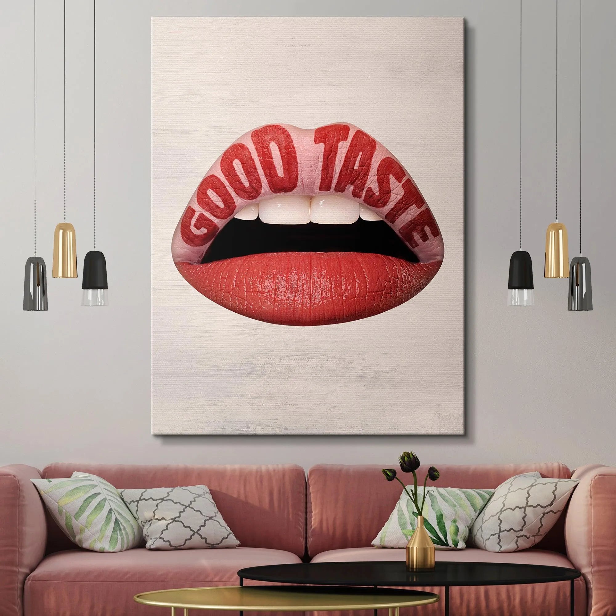 Macro detail of the upper lip where the 'GOOD TASTE' text is embedded in the artwork.