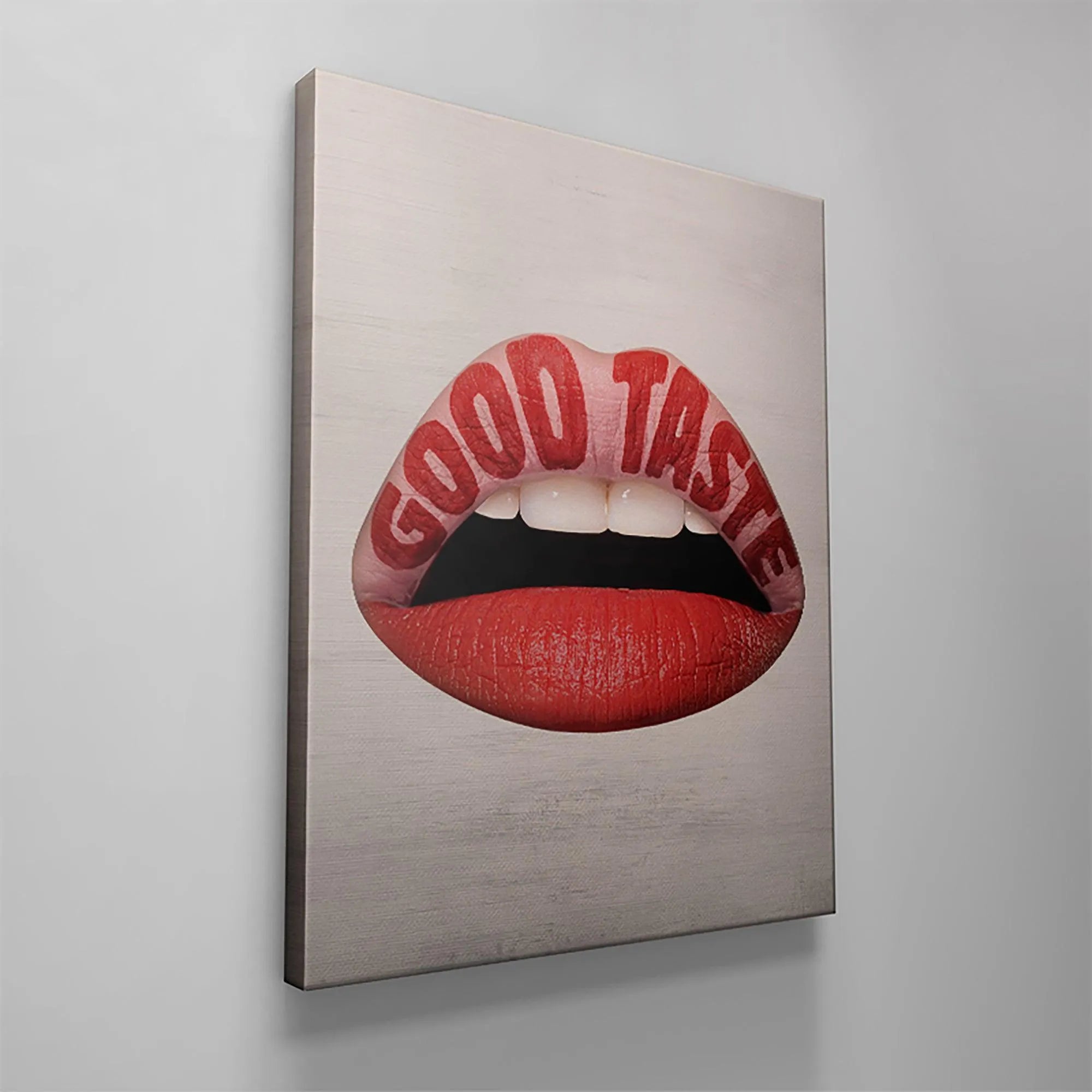 The Good Taste Lips print featuring contrasting bright red lips against the distressed white wood panel effect.