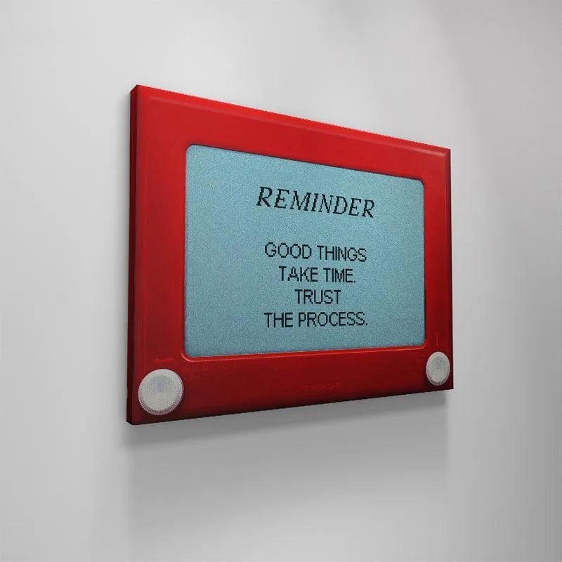 Side profile of the vintage-style reminder art clearly showing the depth and featuring 'Good Things Take Time'.