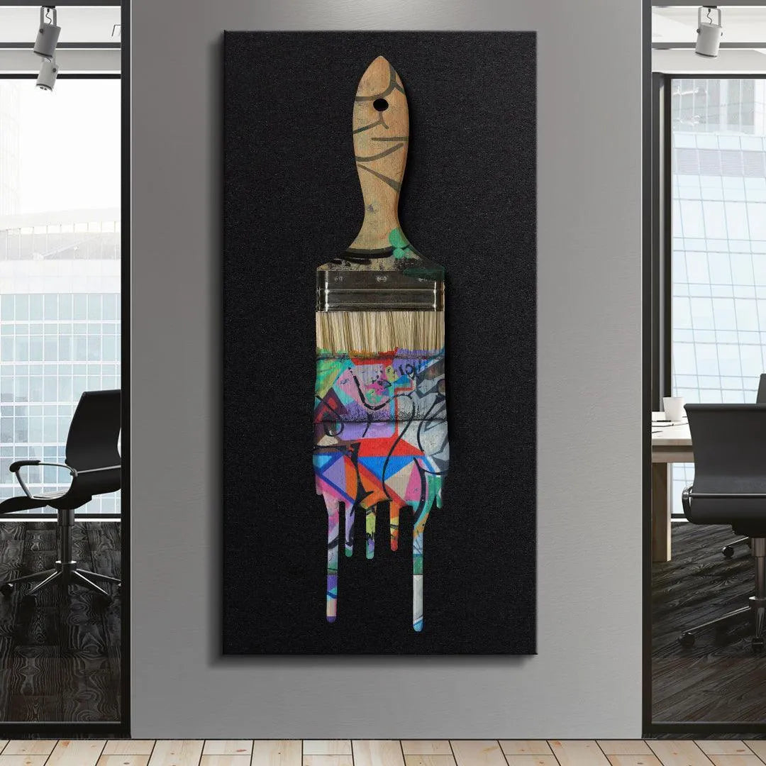 Modern living room decor featuring the large-scale Graffiti Brush wall art hung centrally.