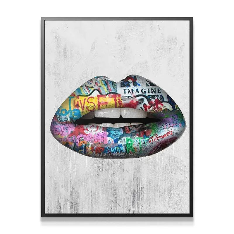 Full view of the vibrant Graffiti Lips artwork mounted as a statement piece in a contemporary living room.