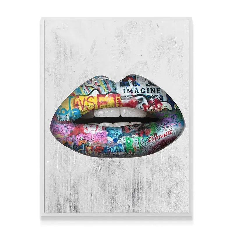 High-contrast depiction emphasizing the neon and primary colors used in the Graffiti Lips urban print.