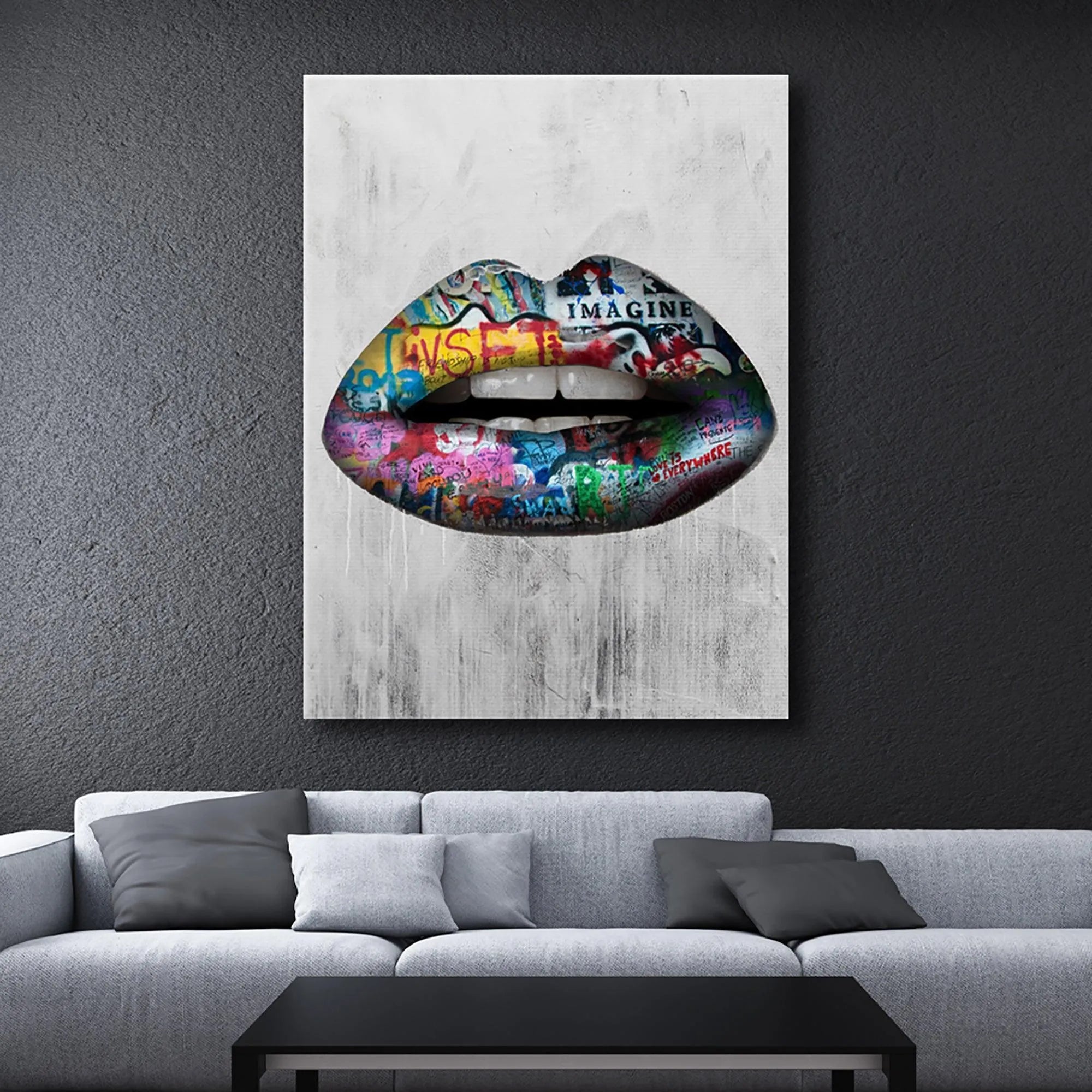Textured appearance of the distressed white background surrounding the iconic colorful Graffiti Lips design.