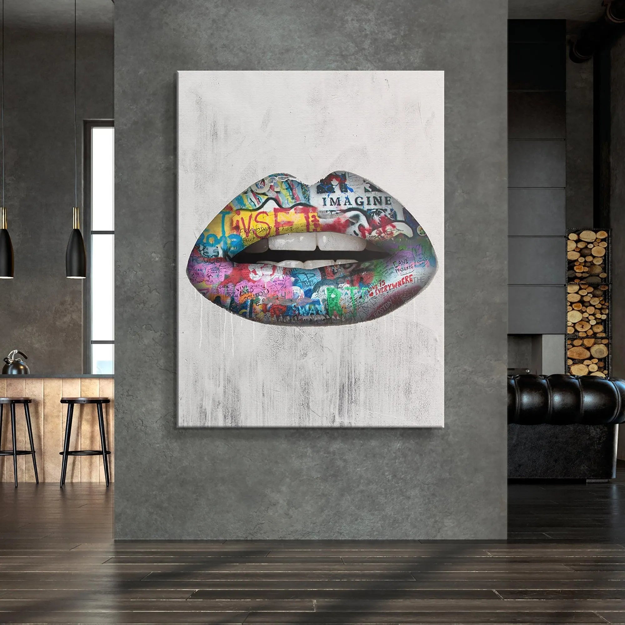 Abstract angle showing the phrase 'IMAGINE' prominently centered on the upper lip of the Graffiti Lips painting.