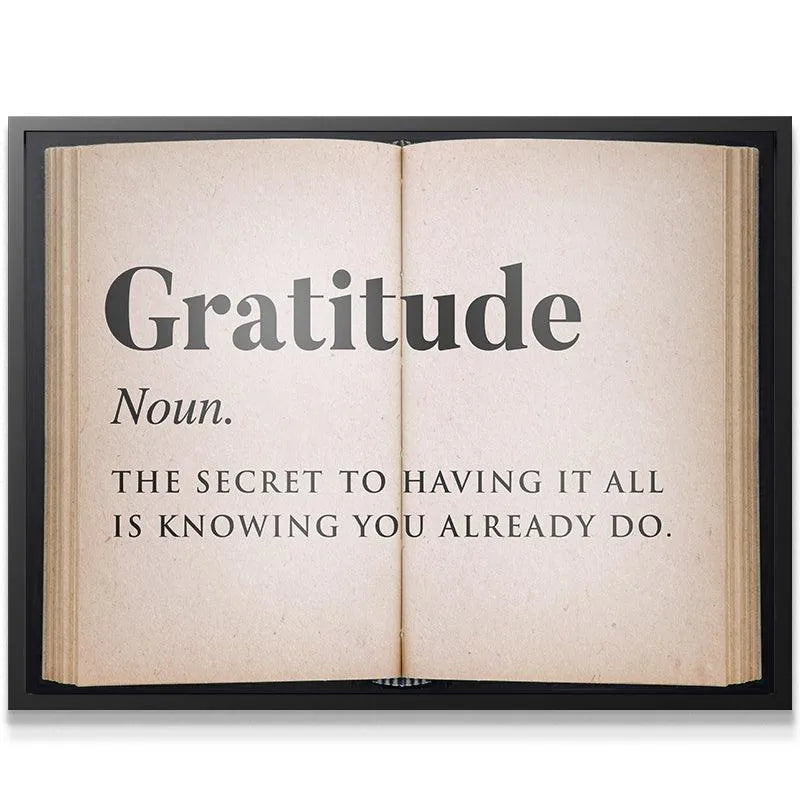 Full frontal view highlighting the high-contrast black typography in the Gratitude - Open Book art.