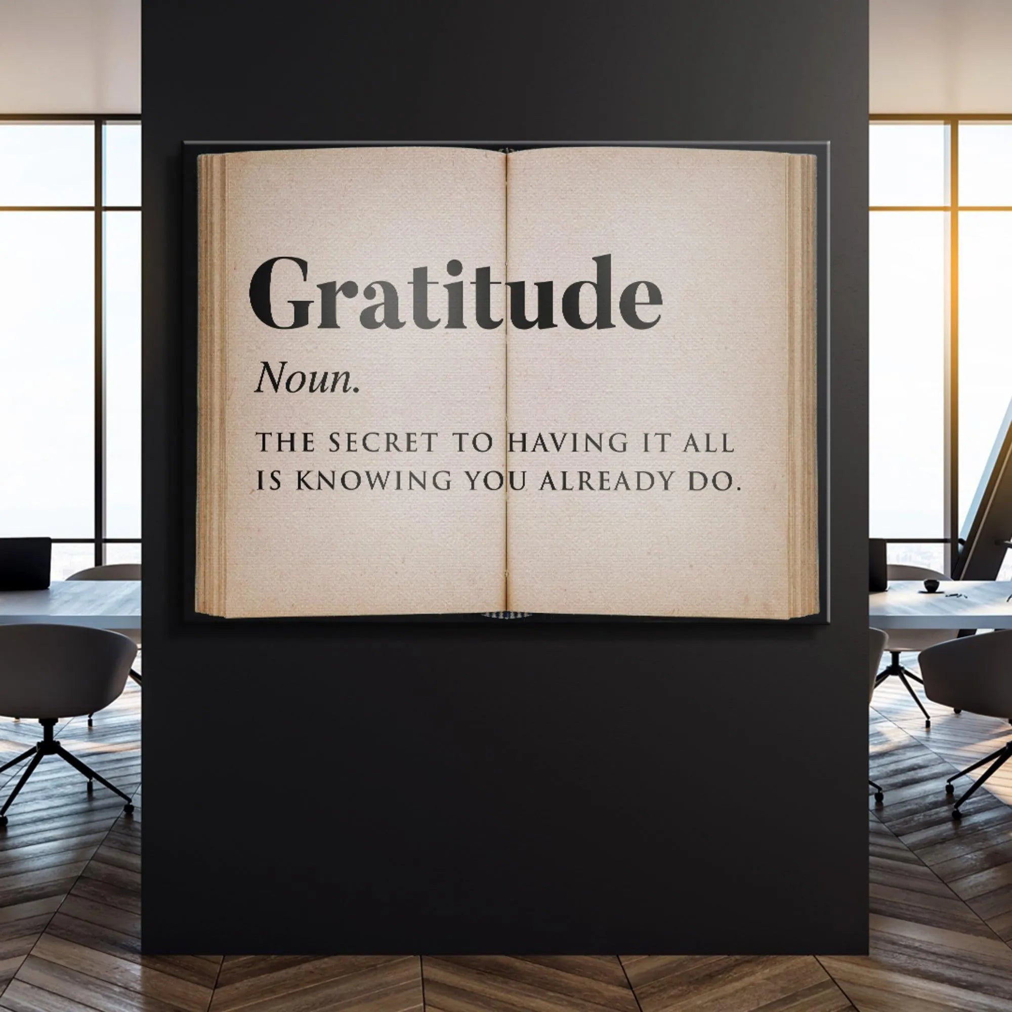 Detail focusing on the definition text 'Noun.' and the accompanying philosophical quote on the Gratitude - Open Book.
