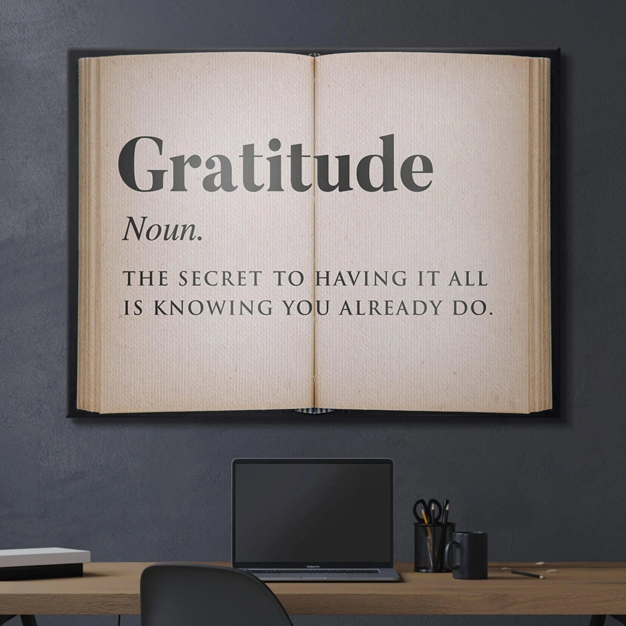 Lifestyle mockup showing the inspirational Gratitude - Open Book displayed elegantly in a minimalist office setting.
