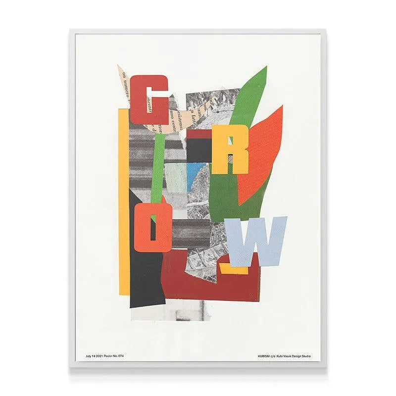 Lifestyle image of the 'Grow' print displayed prominently in a minimalist office setting.