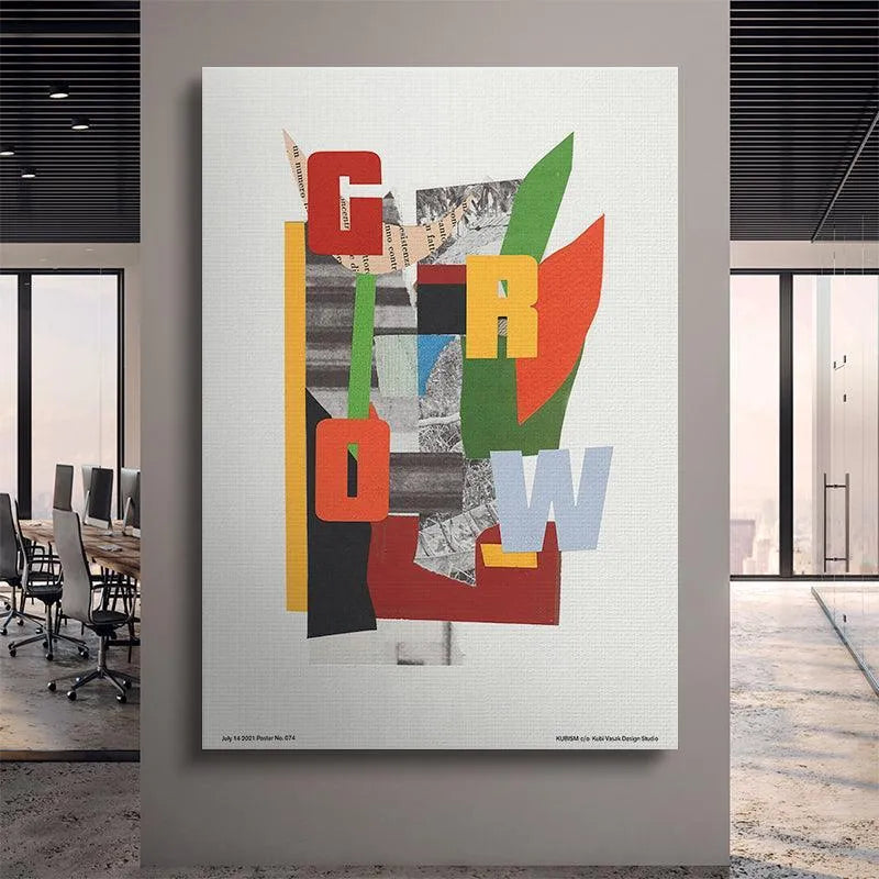 Detail of the bold red and green color blocks forming the letters in 'Grow'.