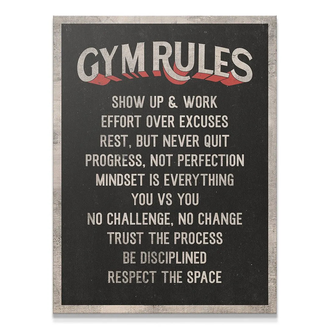 Front view of the distressed black and white motivational Gym Rules poster.