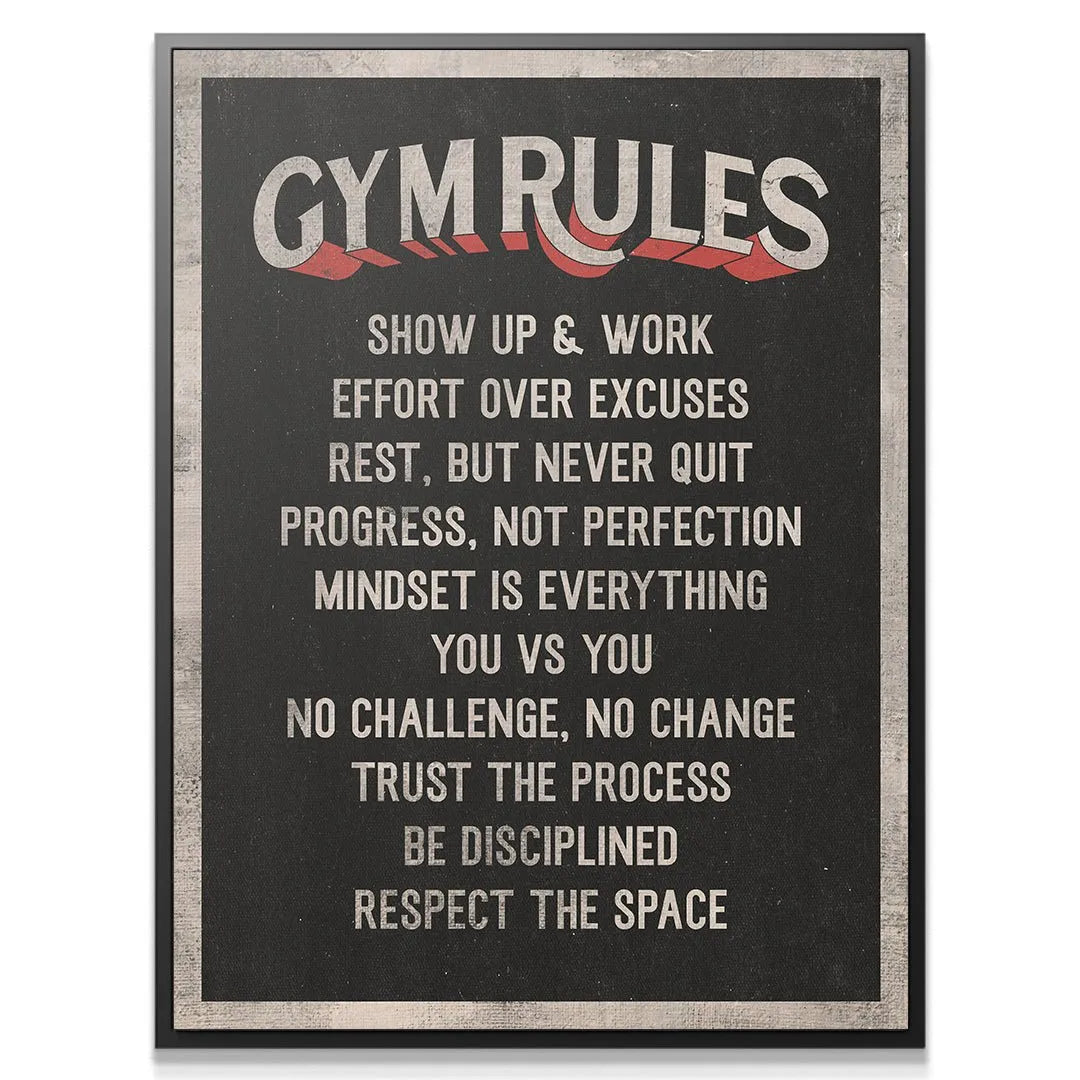 Close-up detail showing the texture and red shadow typography of the "Gym Rules" header text.