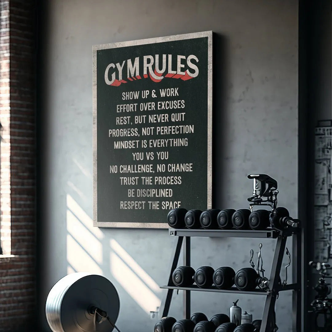 Vintage aesthetic Gym Rules wall art detailing the "Effort Over Excuses" principle.
