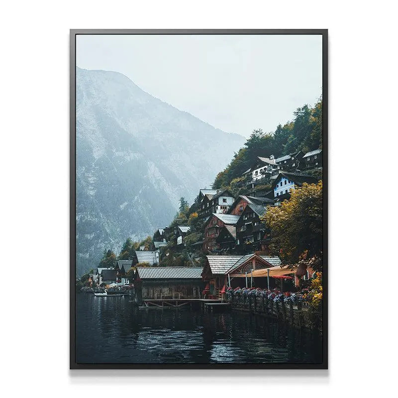Close-up view of the traditional dark timber houses built along the Hallstatt waterfront.