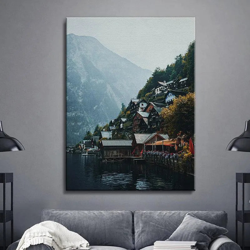 Detail of the vibrant foliage and autumn colors surrounding the historic Hallstatt architecture.