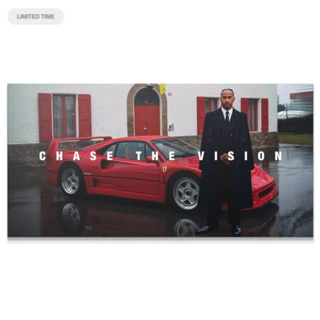 Full shot of Lewis Hamilton and red Ferrari F40 on wet ground, defining Hamilton - Chase The Vision art.