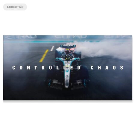 Dynamic aerial view of the F1 car in motion blur for the Hamilton - Controlled Chaos artwork.