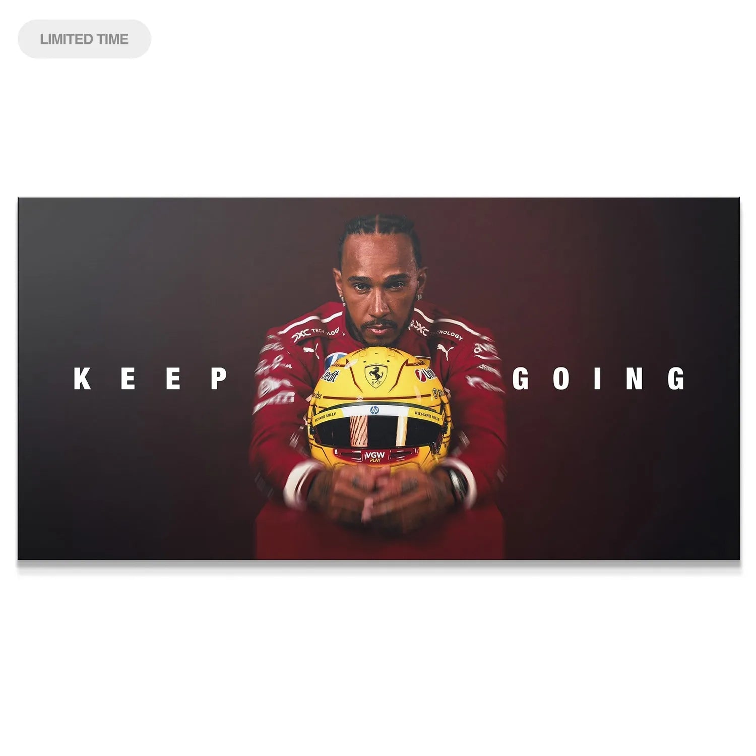 Close-up of Lewis Hamilton's determined face, framed by the text "Keep Going" on the limited edition Hamilton - Keep Going poster.