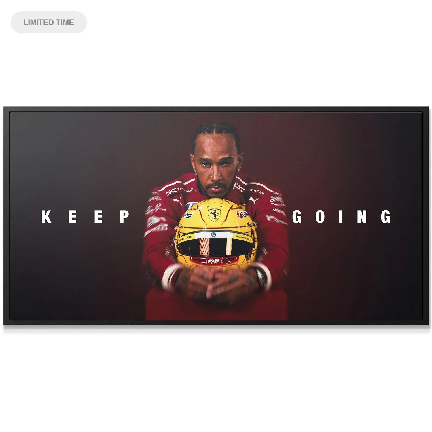 Full panoramic view of the motivational motorsport artwork, capturing the entire scope of the vibrant Hamilton - Keep Going print.