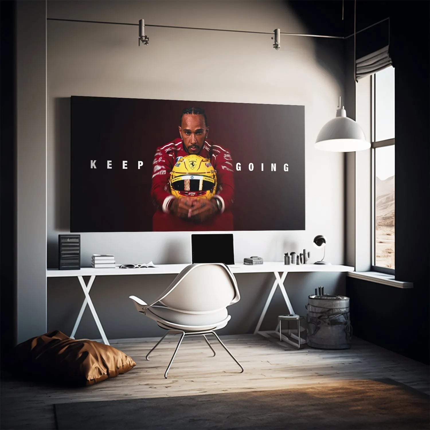 Low-angle perspective highlighting the dominance of the driver and the powerful words in the inspirational Hamilton - Keep Going image.