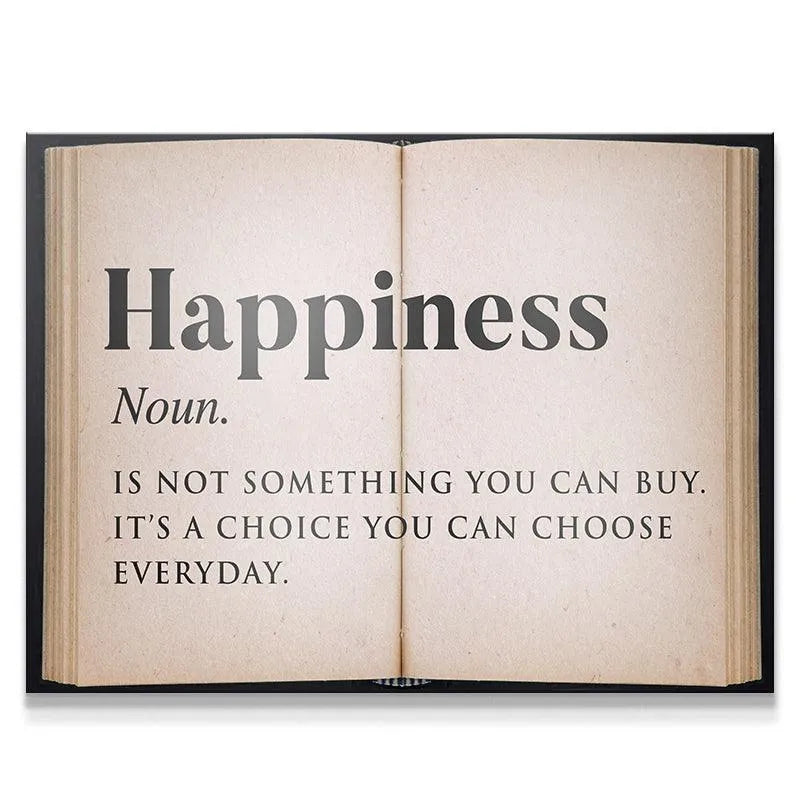 Full view of the motivational dictionary definition print, Happiness - Open Book, showing aged paper texture.