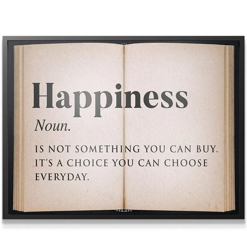 Close-up detail of the 'Happiness Noun' text on the definition art, Happiness - Open Book.
