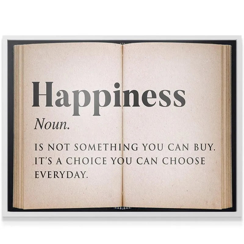 Overhead perspective of the minimalist canvas print, Happiness - Open Book, featuring bold black typography.