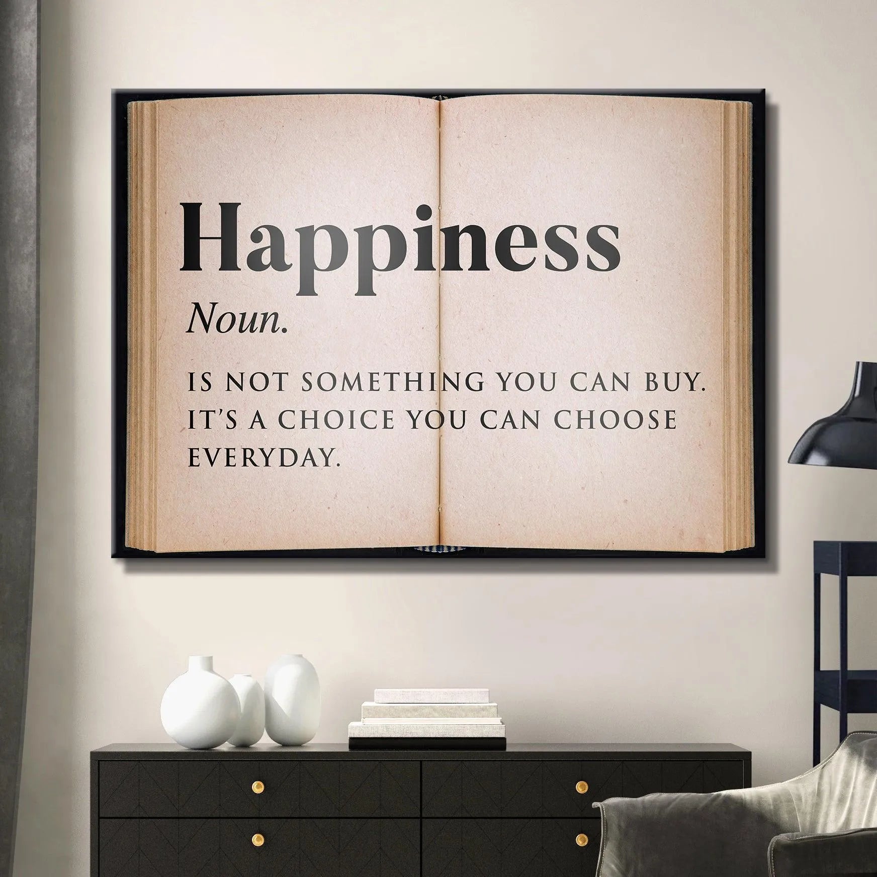 Corner view showcasing the thick edges and dark binding simulation of the Happiness - Open Book artwork.