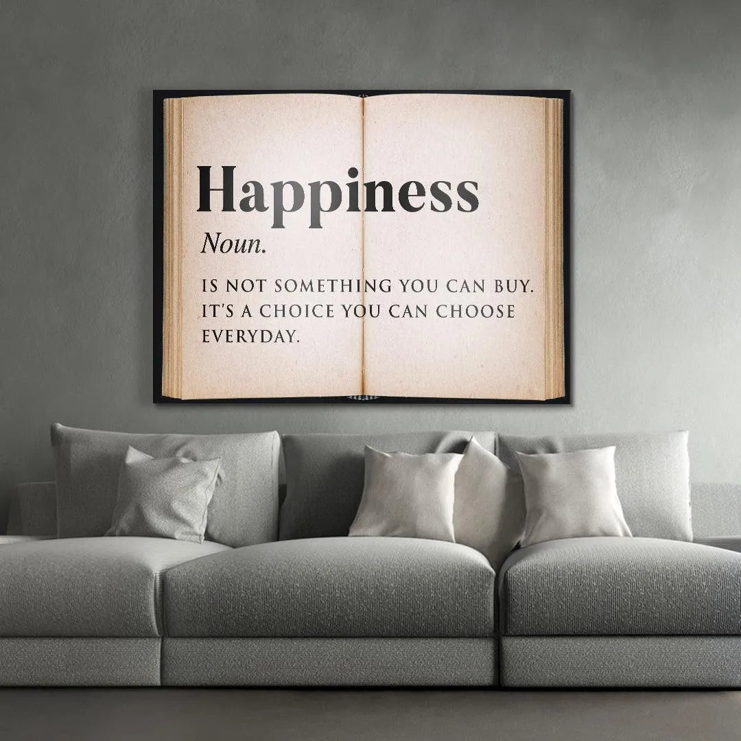 Lifestyle photo of the Happiness - Open Book print hanging above a modern desk in an office setting.