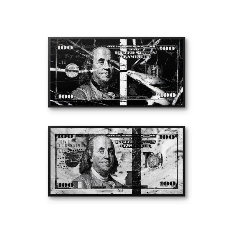 Wide shot displaying both the upper and lower panels of the black and white $100 bill 'heist' diptych.