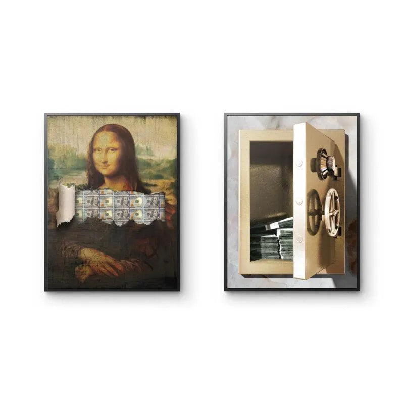 Side angle view showing the depth and texture of the canvas prints for the Heist Set wall art.