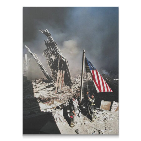 Full vertical view of three firefighter Heroes raising the American flag amidst the World Trade Center rubble.