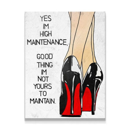 Close-up view of the red-soled stiletto heels featured in the 'High Maintenance' canvas print.
