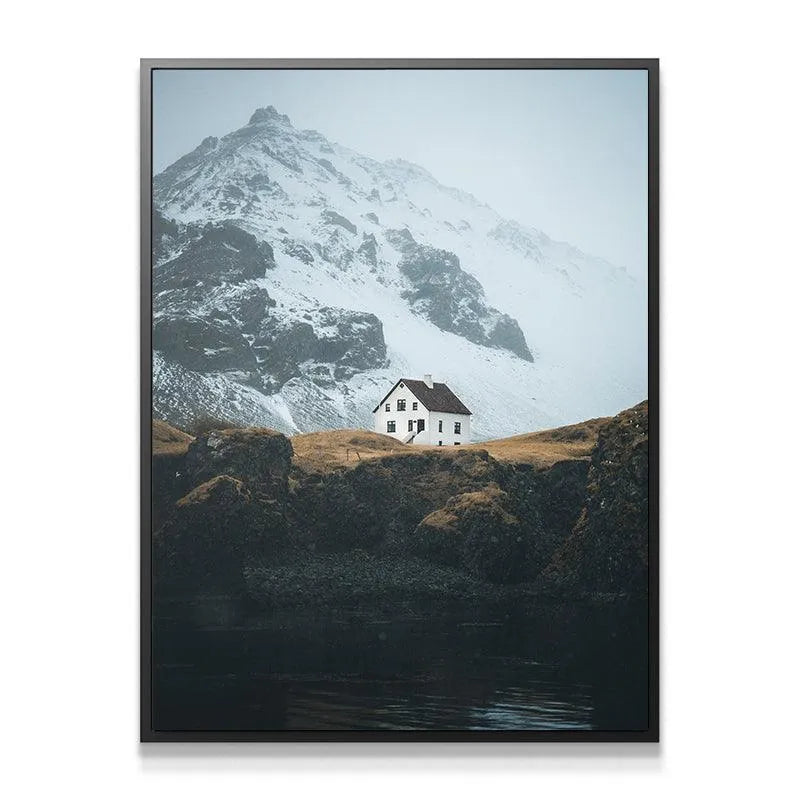 Close-up texture of the snow-capped mountain dominating the remote Home backdrop.