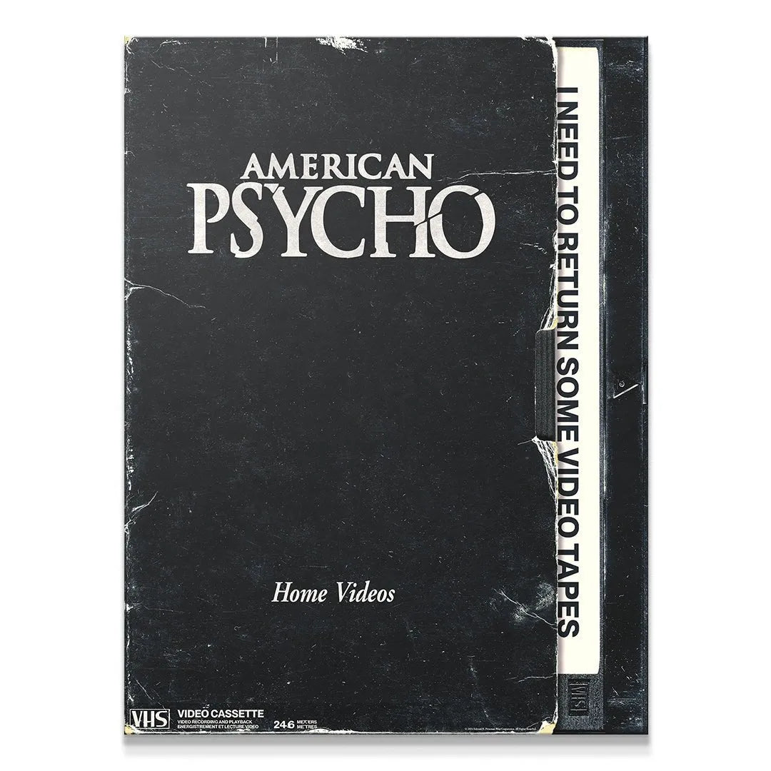 Full overhead view of the distressed black Home Videos poster art for American Psycho.
