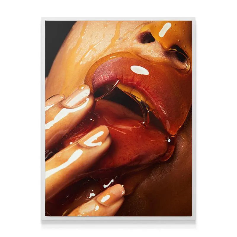 Artistic portrait focusing on the lower face covered in glistening liquid Honey.