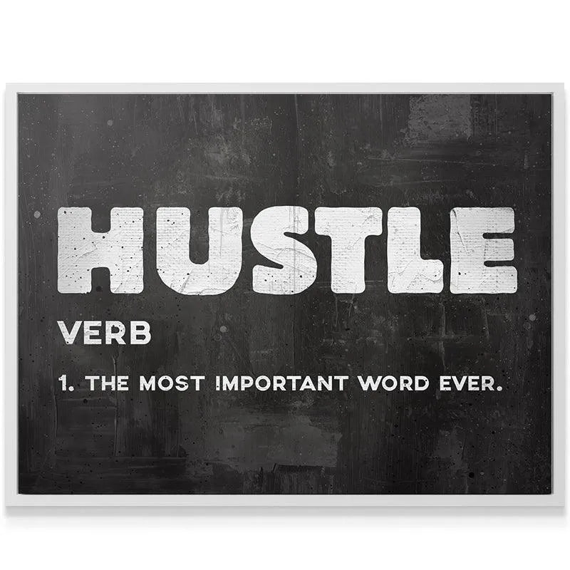 Lifestyle shot showing the Hustle canvas displayed professionally in a modern home office setting.