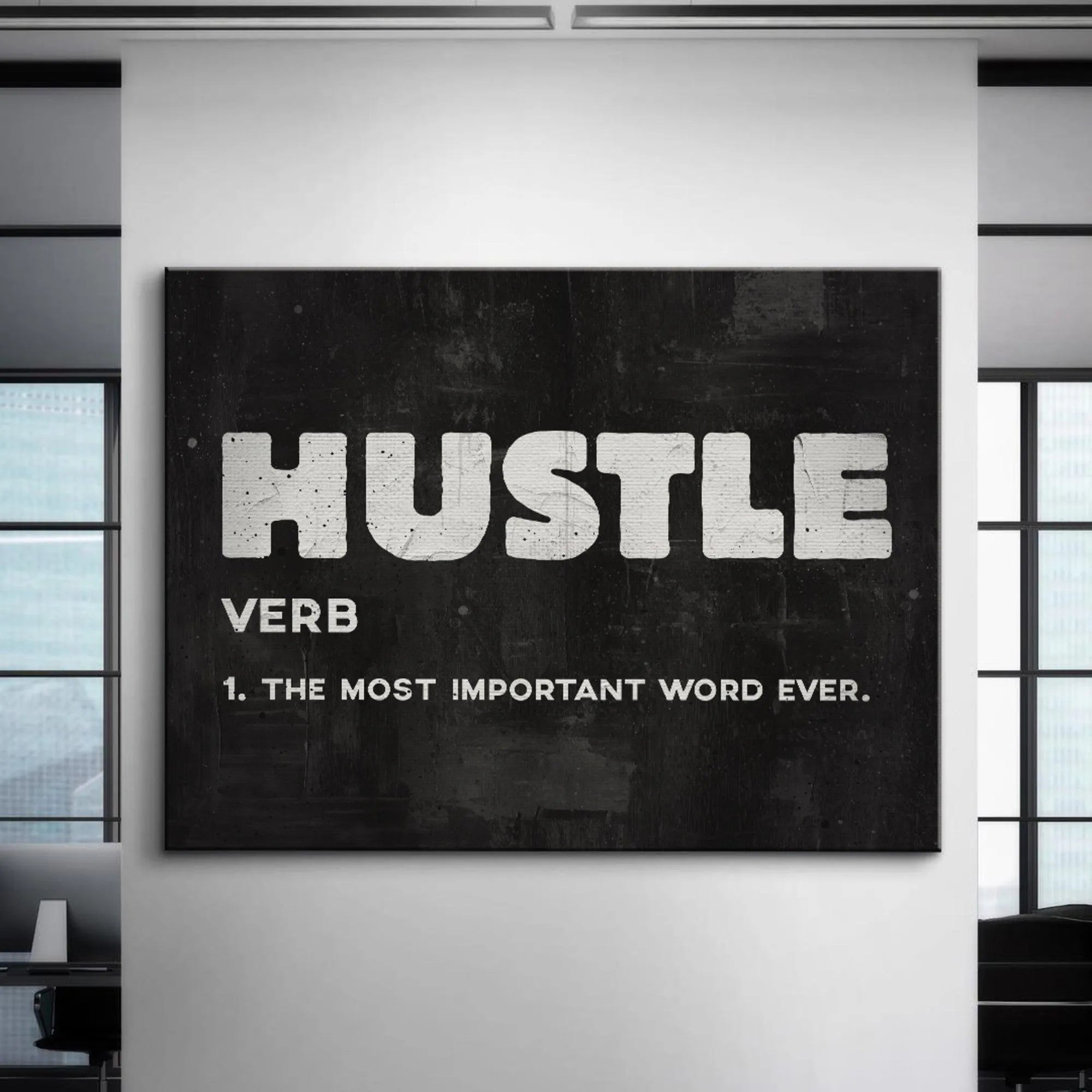 Detailed crop focusing on the definition 'VERB 1. THE MOST IMPORTANT WORD EVER' on the Hustle print.