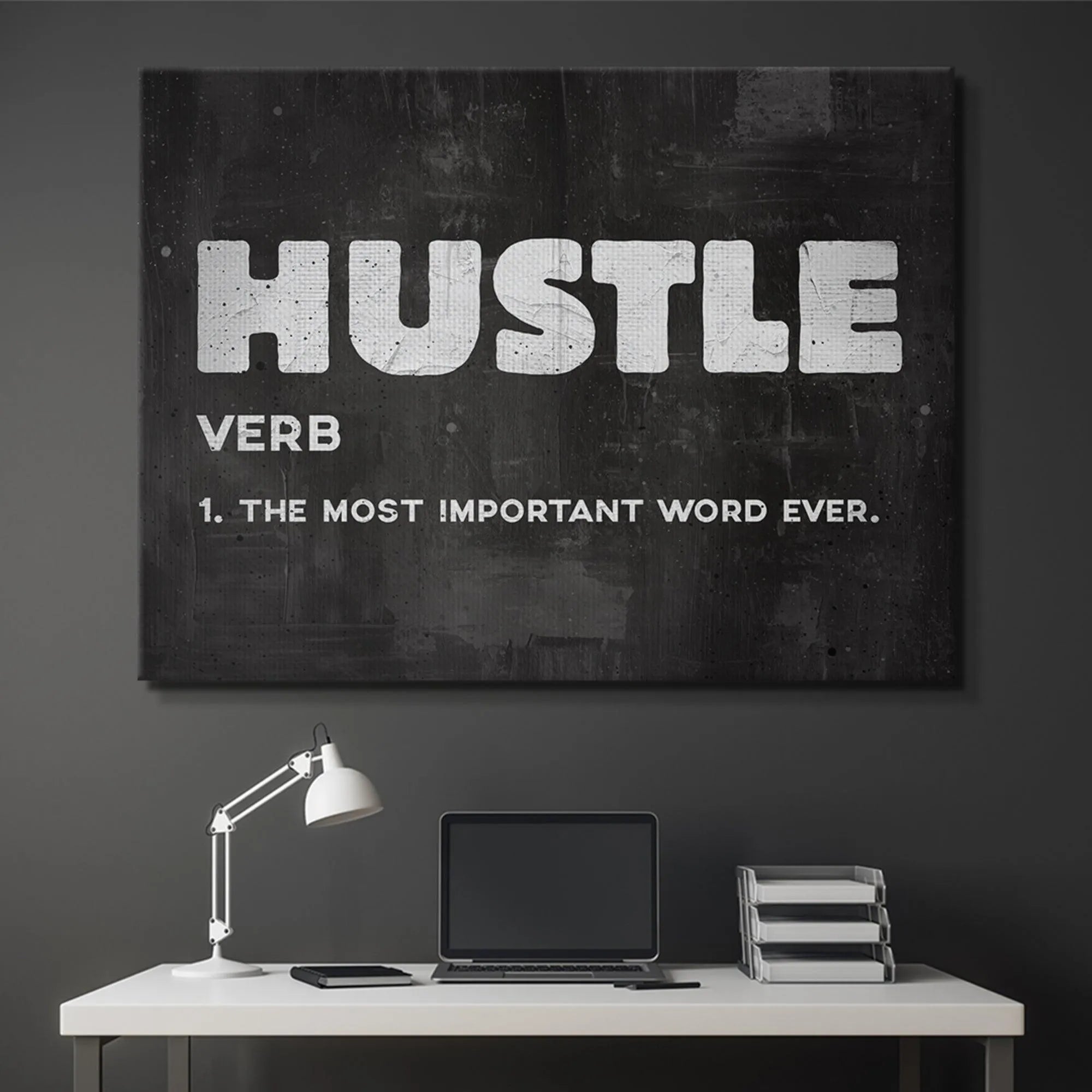 Corner angle view highlighting the matte finish and sharp edges of the framed Hustle artwork.