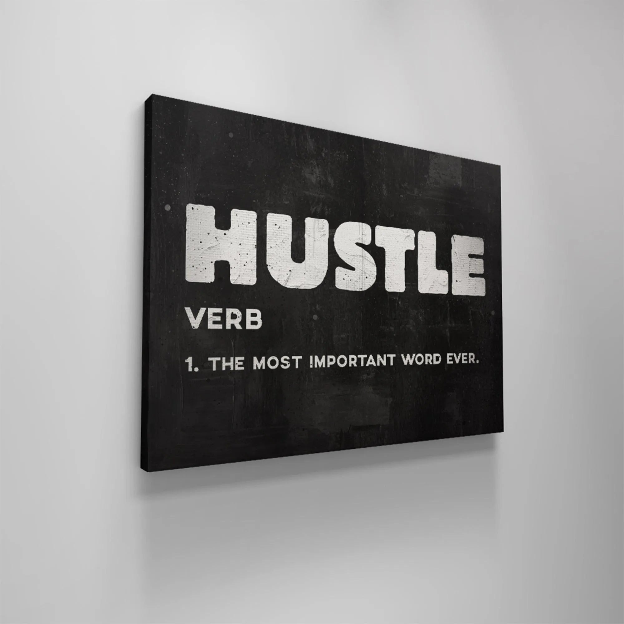 Monochrome industrial design poster featuring the key word Hustle in bold typography and grunge texture.