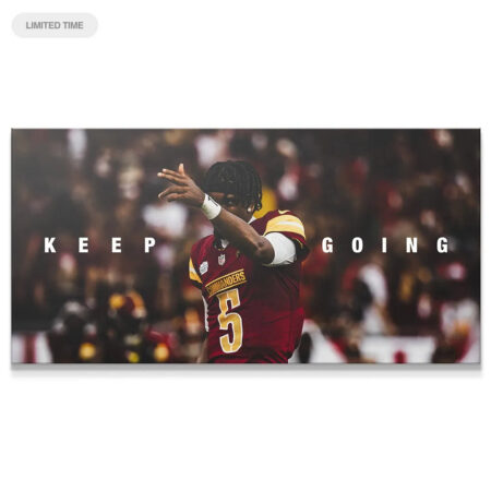 Close-up shot of Jayden Daniels showing focused expression, emphasizing the 'Keep Going' text overlay artwork.