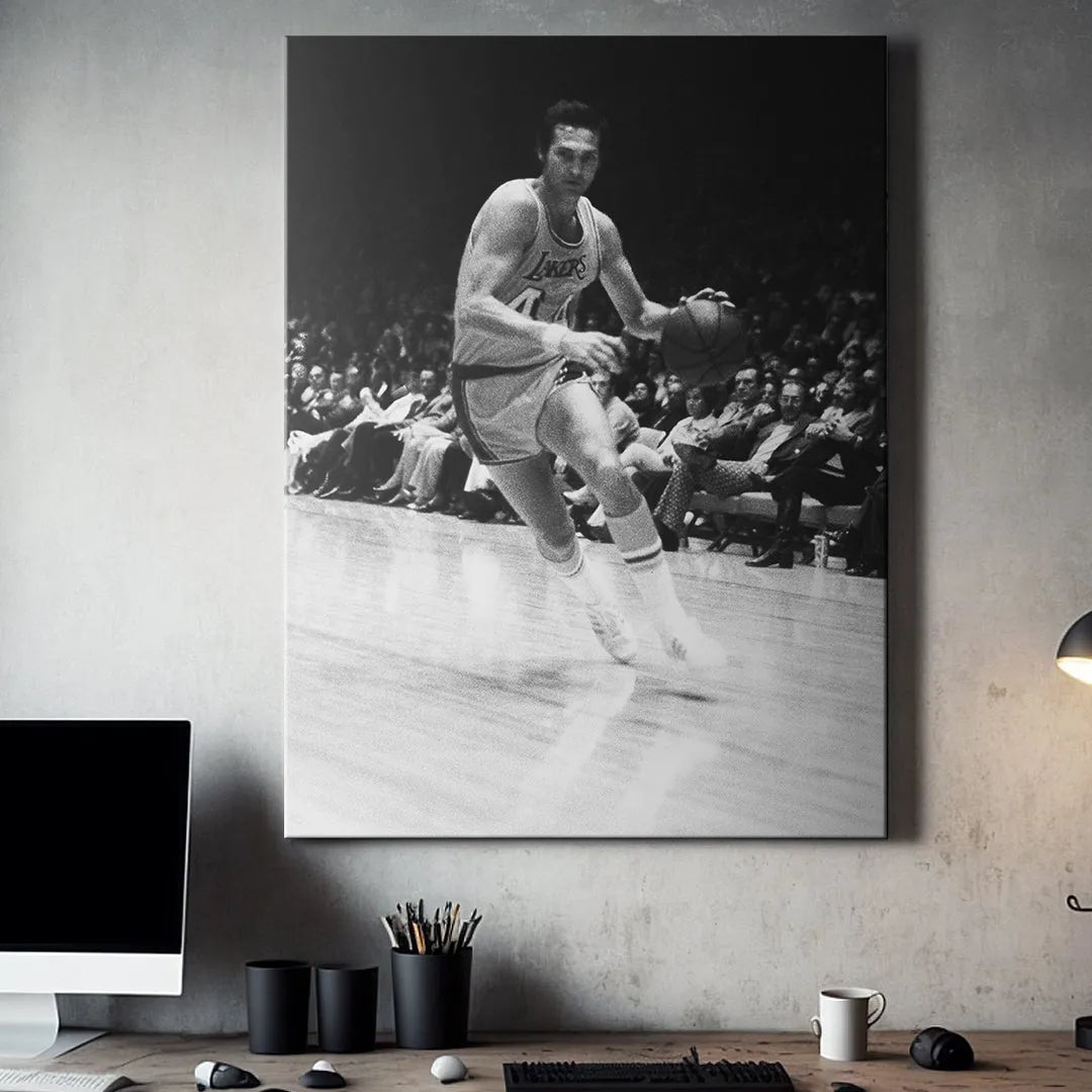 Low angle view emphasizing the reflection and polished texture of the hardwood court under Jerry West - #1.