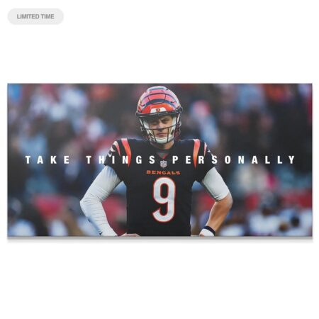 Close-up of Joe Burrow's determined gaze featuring the slogan "Take Things Personally" printed on premium canvas.