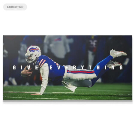 Panoramic view of Josh Allen - Give Everything diving onto the turf, full-body action shot.