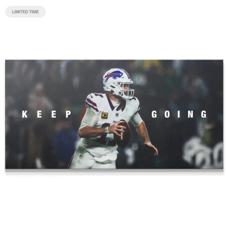 Wide view of Josh Allen running through the rain with the bold caption 'Keep Going' featured prominently on the inspirational canvas.