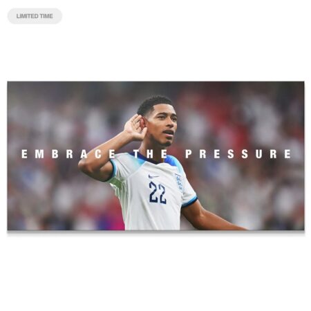 Close-up detail of Jude Bellingham's face and determined expression in the 'Jude Bellingham - Embrace The Pressure' poster.