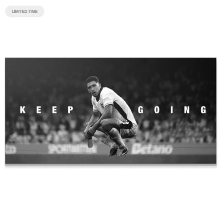 Full panoramic view of the 'Jude Bellingham - Keep Going' black and white motivational sports poster.