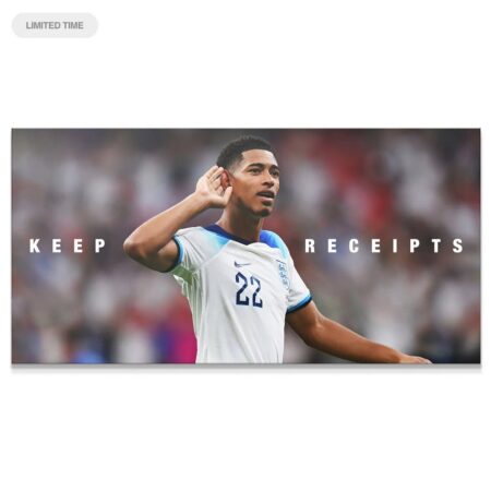 Close-up of Jude Bellingham making the 'Keep Receipts' gesture on the official print.