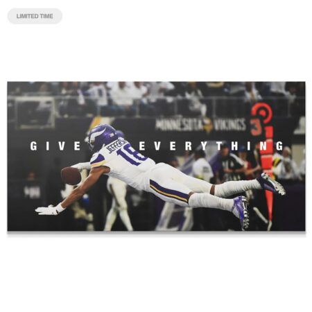 Dynamic horizontal view of Justin Jefferson - Give Everything, showing the full extension and stadium backdrop.